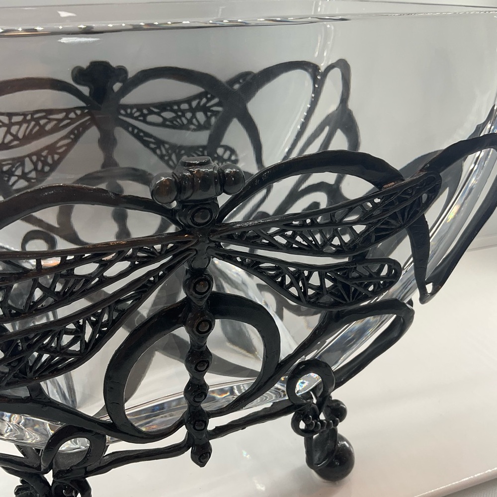CASTILIAN Poland Crystal Bowl & Dragonfly Hefty Centerpiece 2 Pieces RARE! - Picture 7 of 14